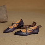 Women's Leather Ballet Flats Almond Toe Cross-Strap Wedge