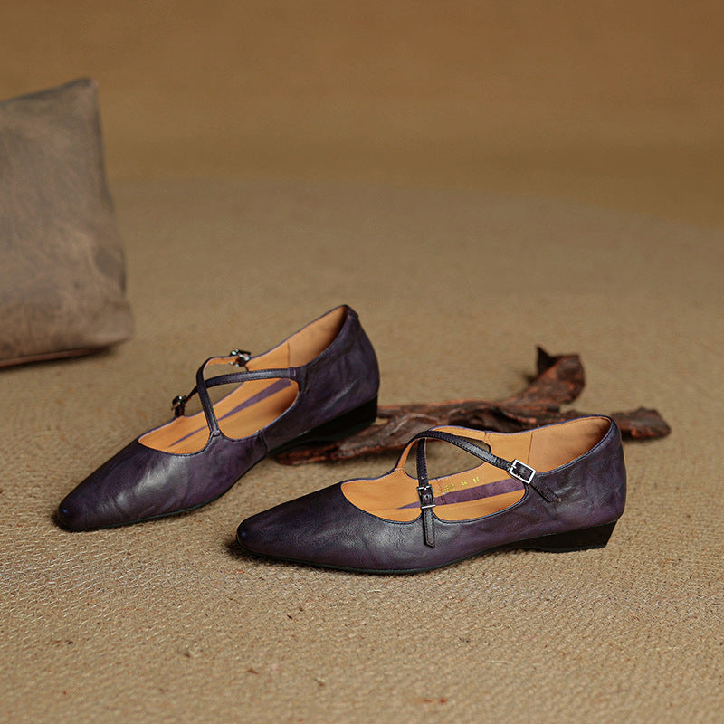 Women's Leather Ballet Flats Almond Toe Cross-Strap Wedge