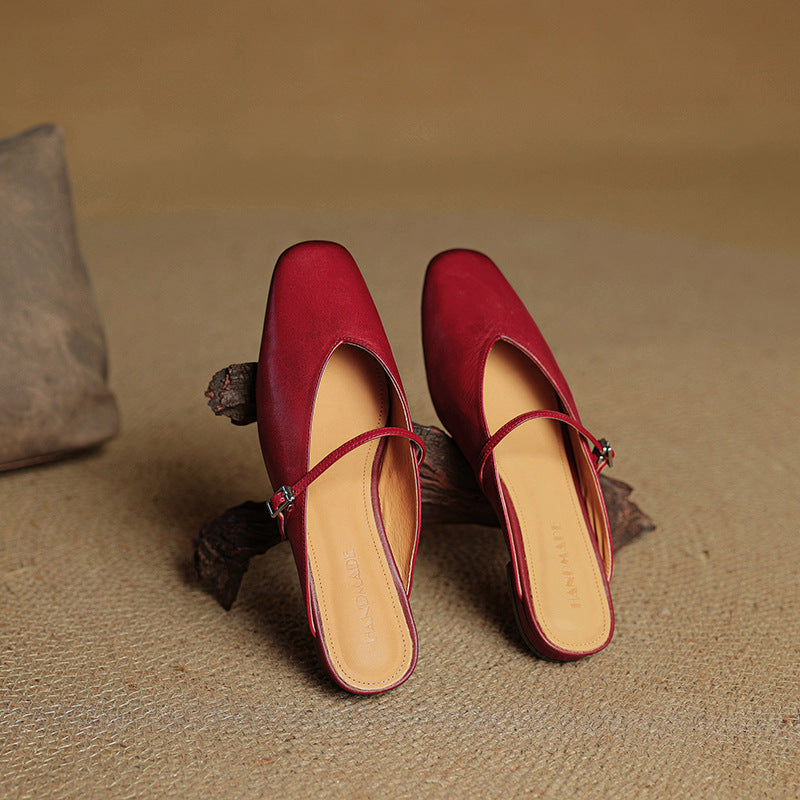 Women's Leather Mary Jane Mules Square Toe Buckled Strap