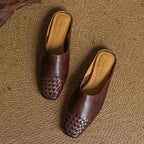 Women's Woven Leather Mules Square Toe Slip-On