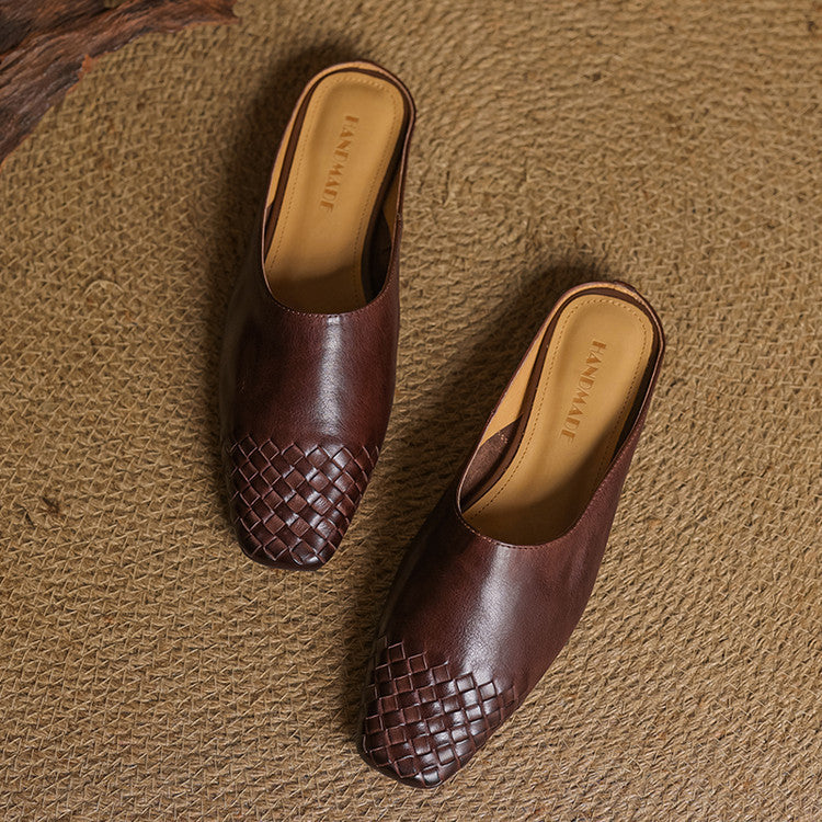 Women's Woven Leather Mules Square Toe Slip-On
