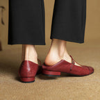 Women's Leather Brogue Flats T-Strap Buckle Lace-Up