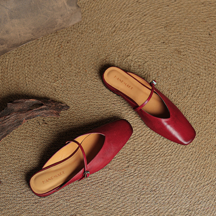 Women's Leather Mary Jane Mules Square Toe Buckled Strap