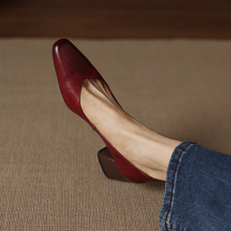 Women's Leather Pumps Sculpted Toe Block Heel Slip-On