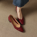 Women's Leather Pumps Sculpted Toe Block Heel Slip-On