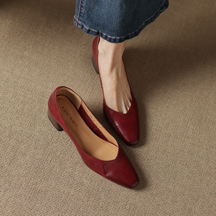 Women's Leather Pumps Sculpted Toe Block Heel Slip-On