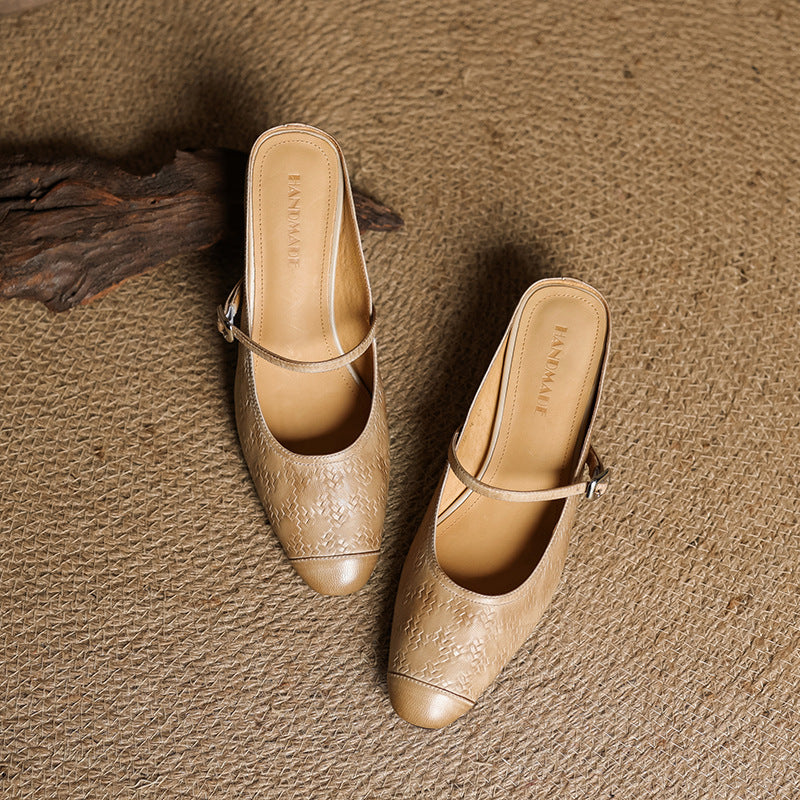 Women's Leather Mary Jane Mules Block Heel Buckled Strap