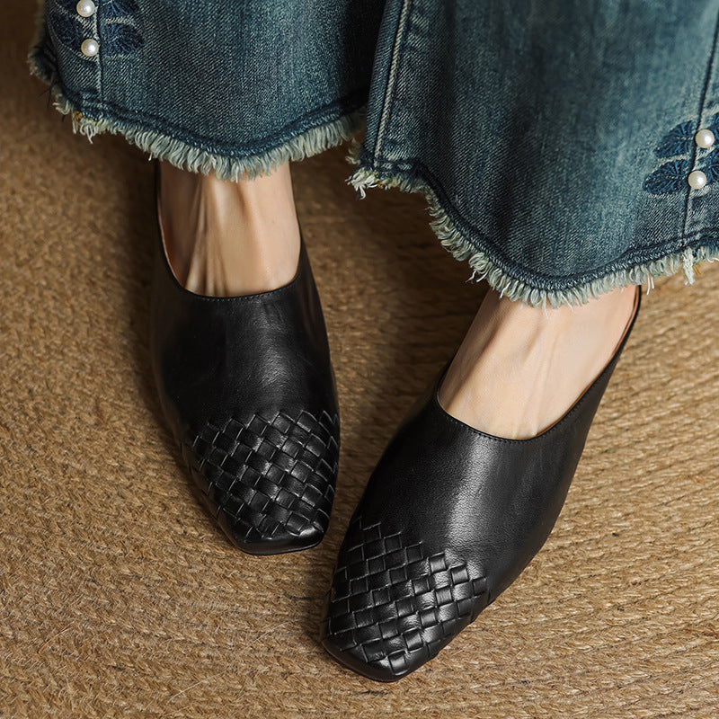 Women's Woven Leather Mules Square Toe Slip-On
