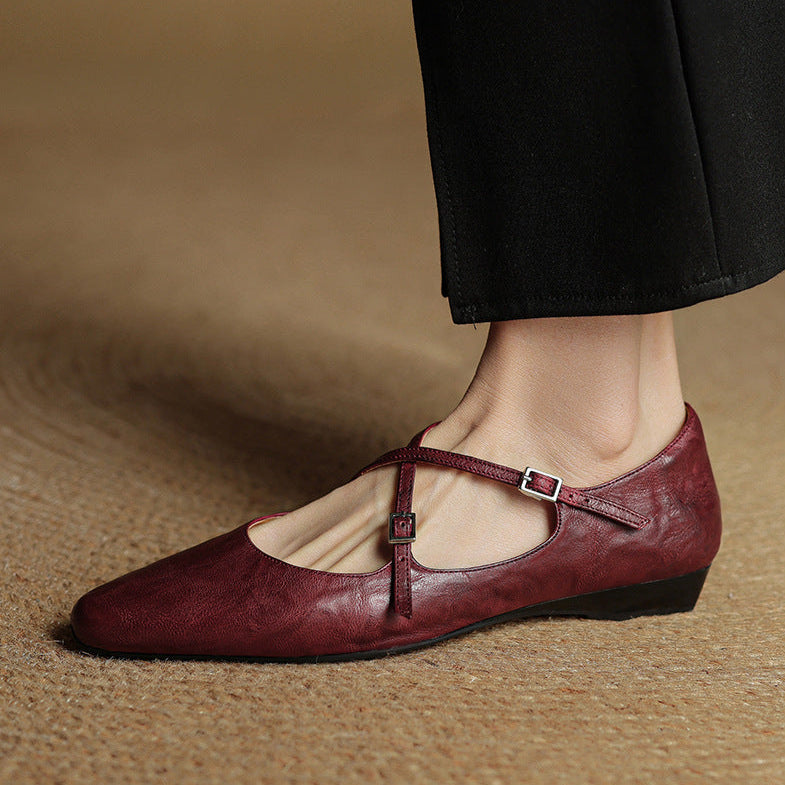 Women's Leather Ballet Flats Almond Toe Cross-Strap Wedge