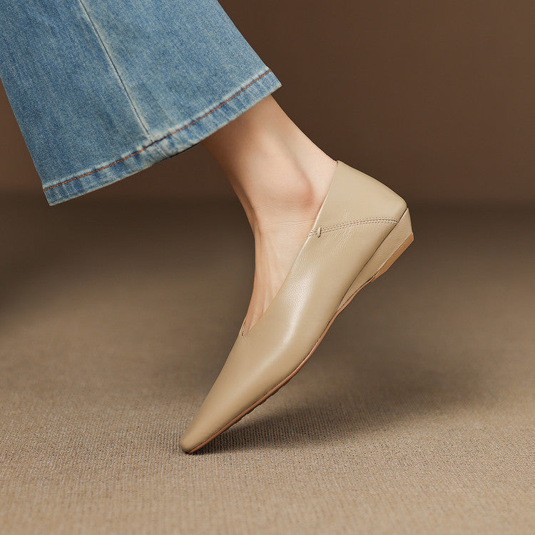 Women's Leather Flats Square Toe Hidden Wedge Slip-On