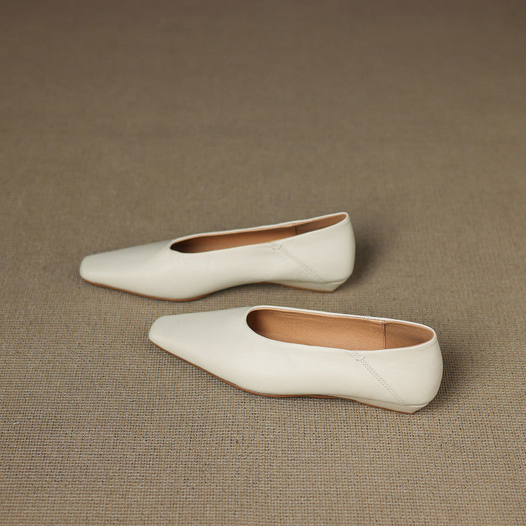 Women's Leather Flats Square Toe Hidden Wedge Slip-On