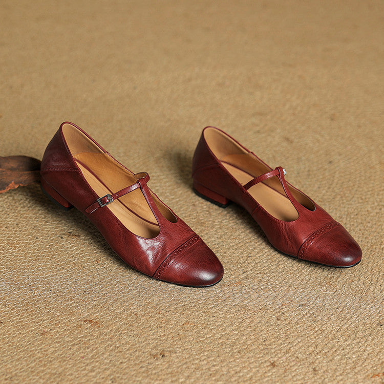 Women's Leather Brogue Flats T-Strap Buckle Lace-Up