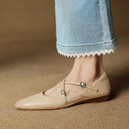 Women's Leather Ballet Flats Almond Toe Cross-Strap Wedge