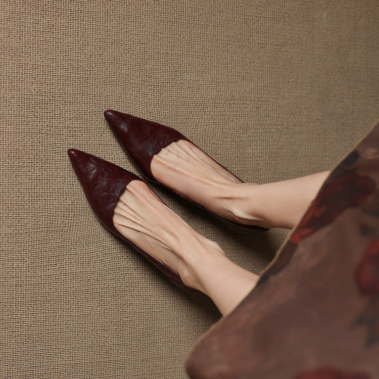 Women's Leather Kitten Heels Pointed Toe Slip-On