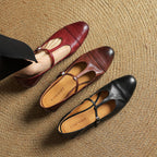 Women's Leather Brogue Flats T-Strap Buckle Lace-Up
