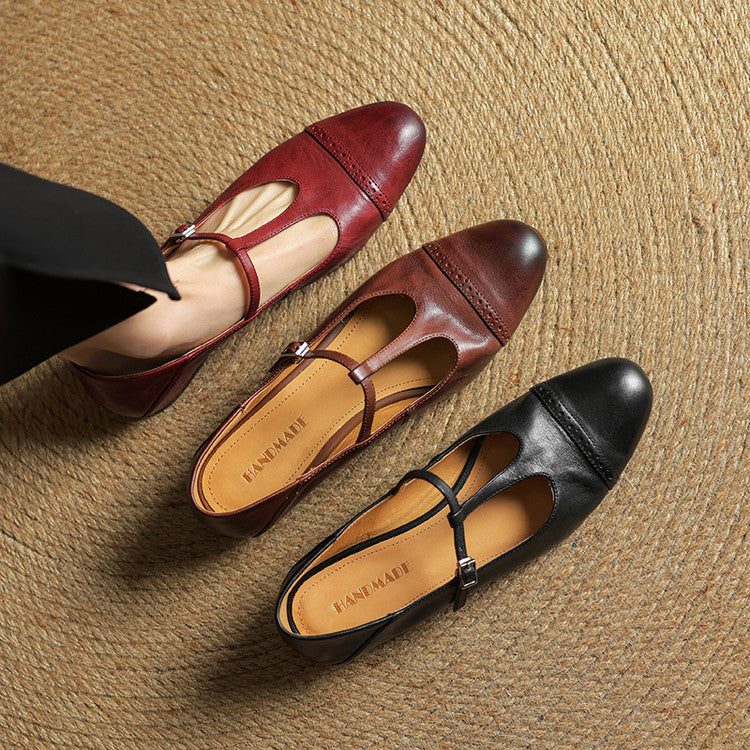 Women's Leather Brogue Flats T-Strap Buckle Lace-Up