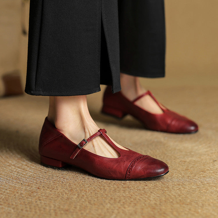 Women's Leather Brogue Flats T-Strap Buckle Lace-Up