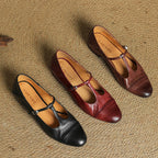 Women's Leather Brogue Flats T-Strap Buckle Lace-Up