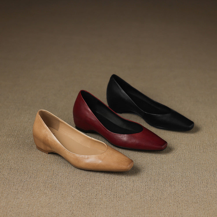 Women's Leather Flats Almond Toe Hidden Wedge Slip-On