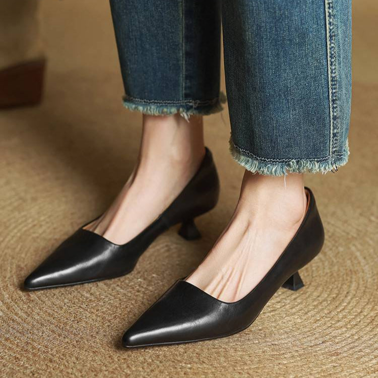 Women's Leather Kitten Heels Pointed Toe Slip-On