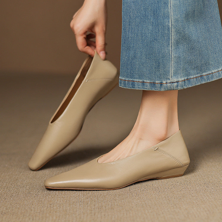 Women's Leather Flats Square Toe Hidden Wedge Slip-On
