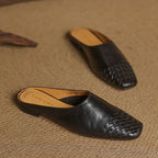 Women's Woven Leather Mules Square Toe Slip-On