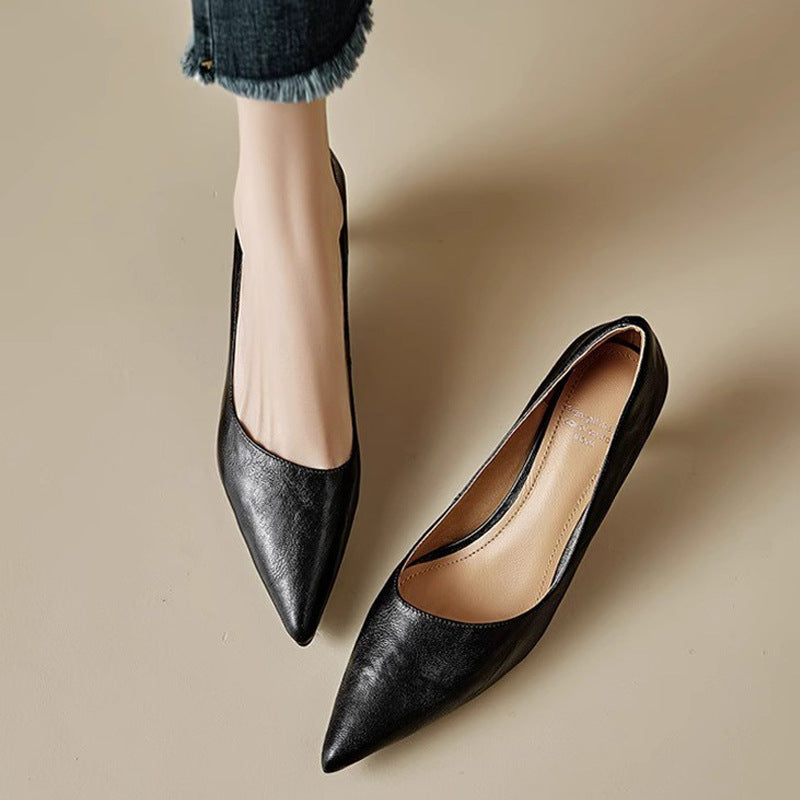 Women's Leather Kitten Heels Pointed Toe Slip-On