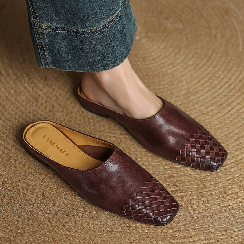 Women's Woven Leather Mules Square Toe Slip-On