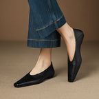 Women's Leather Flats Square Toe Hidden Wedge Slip-On