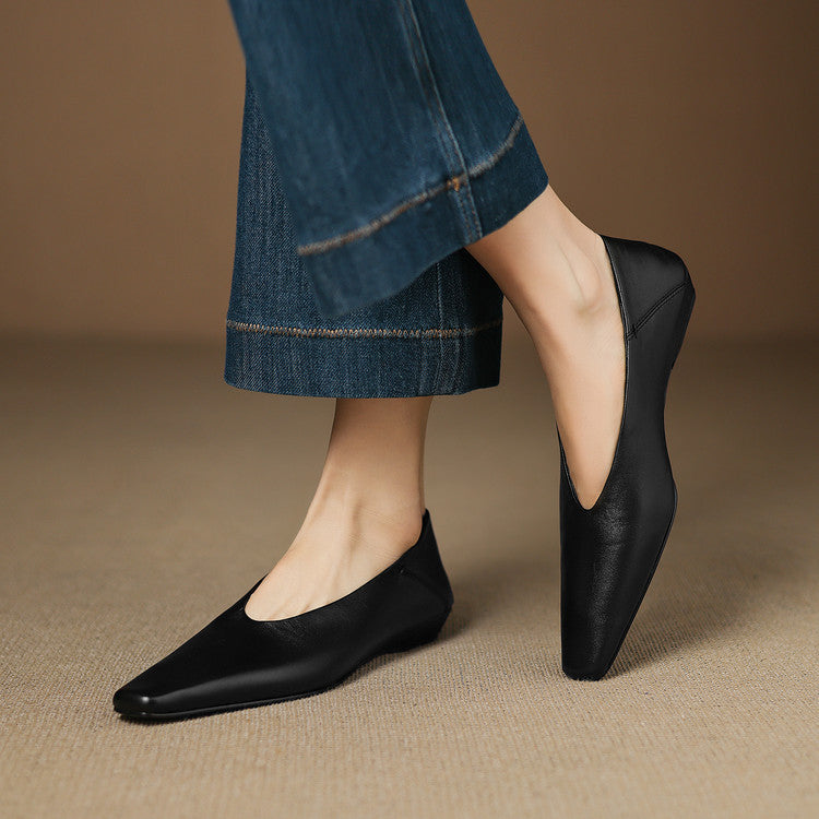 Women's Leather Flats Square Toe Hidden Wedge Slip-On