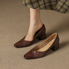 Women's Leather Pumps Sculpted Toe Block Heel Slip-On