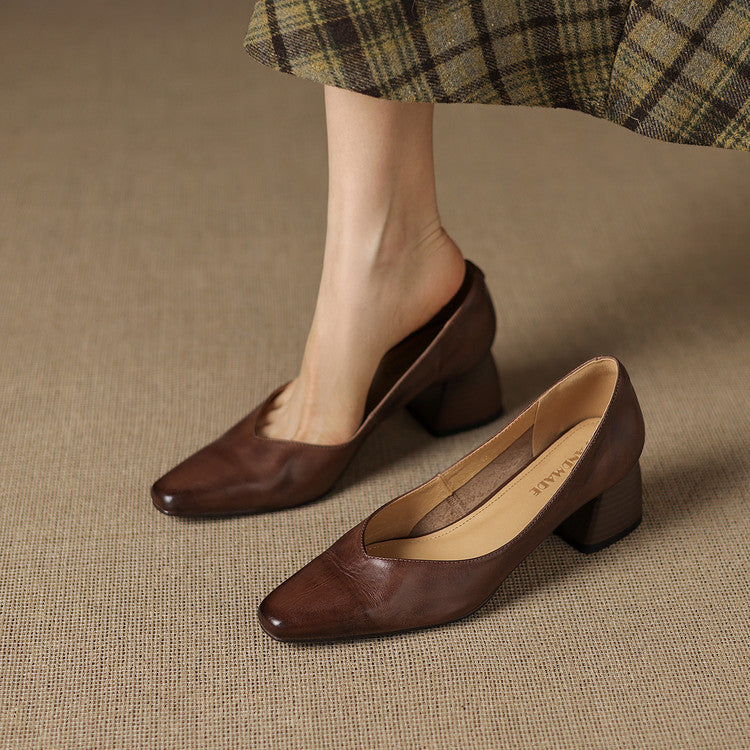 Women's Leather Pumps Sculpted Toe Block Heel Slip-On