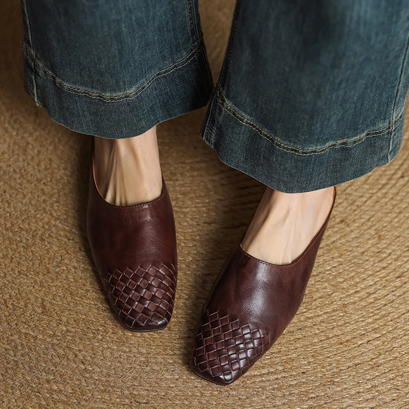 Women's Woven Leather Mules Square Toe Slip-On