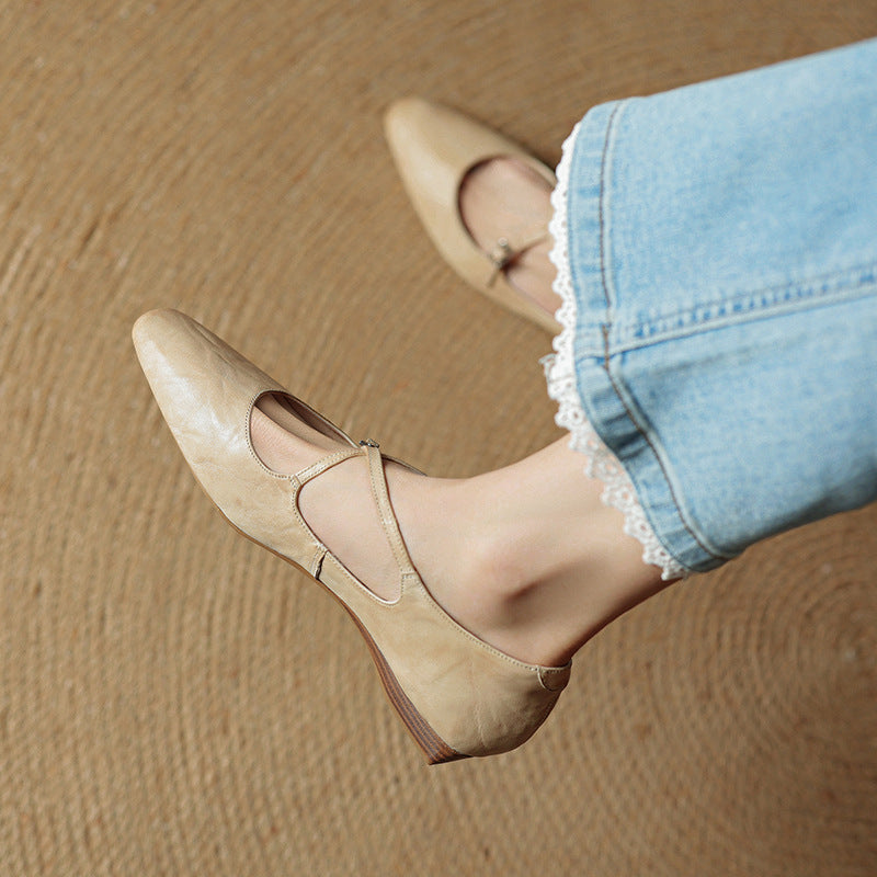 Women's Leather Ballet Flats Almond Toe Cross-Strap Wedge