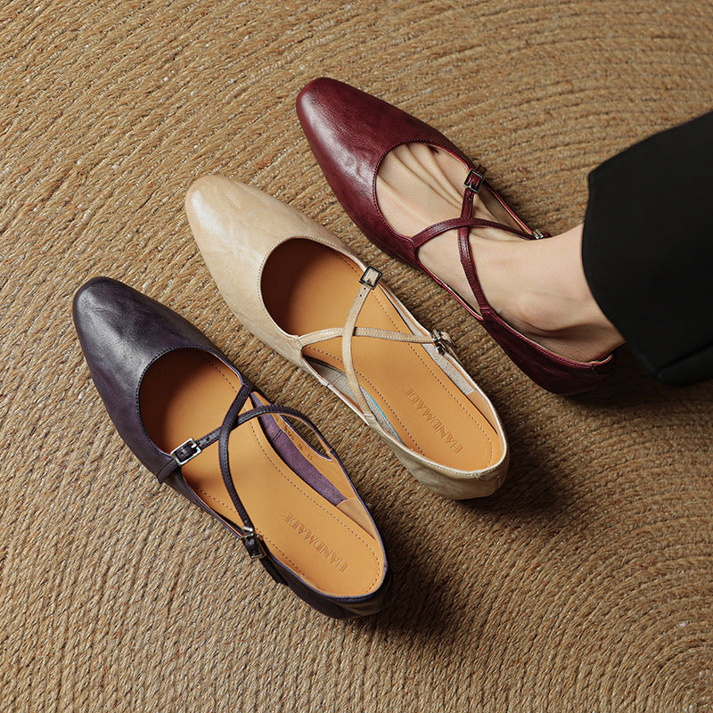 Women's Leather Ballet Flats Almond Toe Cross-Strap Wedge