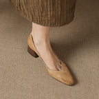 Women's Leather Pumps Sculpted Toe Block Heel Slip-On