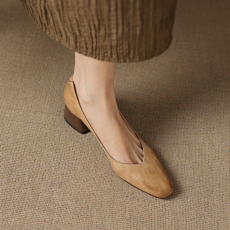 Women's Leather Pumps Sculpted Toe Block Heel Slip-On