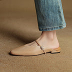 Women's Leather Mary Jane Mules Square Toe Buckled Strap