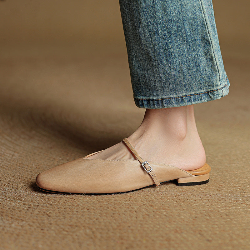 Women's Leather Mary Jane Mules Square Toe Buckled Strap