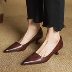 Women's Leather Kitten Heels Pointed Toe Slip-On