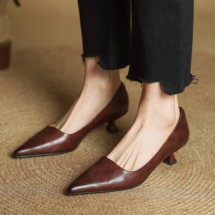 Women's Leather Kitten Heels Pointed Toe Slip-On