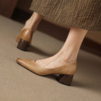 Women's Leather Pumps Sculpted Toe Block Heel Slip-On