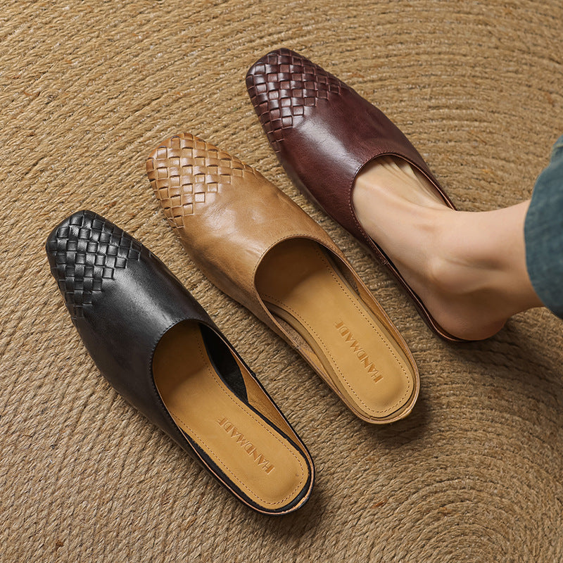 Women's Woven Leather Mules Square Toe Slip-On