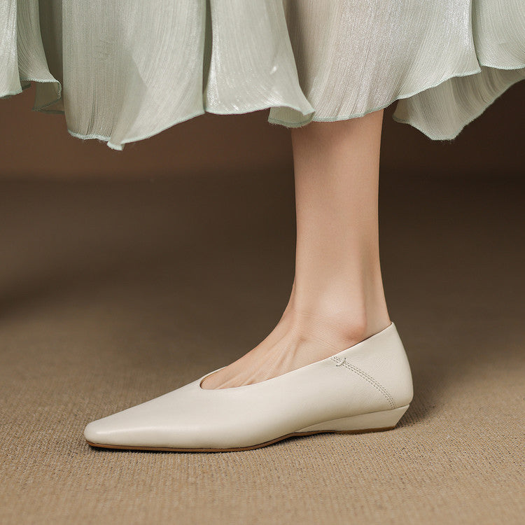 Women's Leather Flats Square Toe Hidden Wedge Slip-On