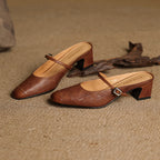 Women's Leather Mary Jane Mules Block Heel Buckled Strap
