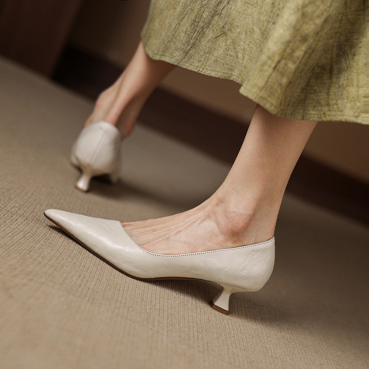 Women's Leather Kitten Heels Pointed Toe Slip-On