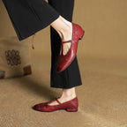 Women's Leather Brogue Flats T-Strap Buckle Lace-Up