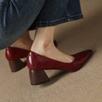 Women's Leather Pumps Sculpted Toe Block Heel Slip-On