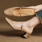 Women's Leather Mary Jane Mules Block Heel Buckled Strap