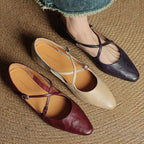 Women's Leather Ballet Flats Almond Toe Cross-Strap Wedge